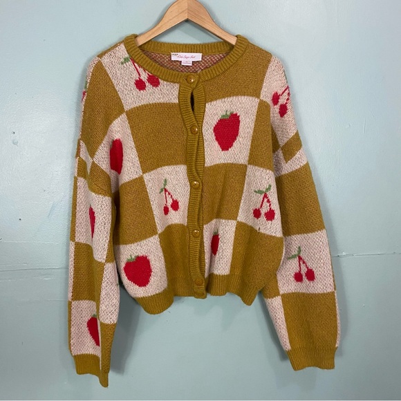 Lisa Says Gah Sweaters - Lisa Says Gah Lauda Knit Fruit Cardigan Yellow Cherry Strawberry Plaid M & L